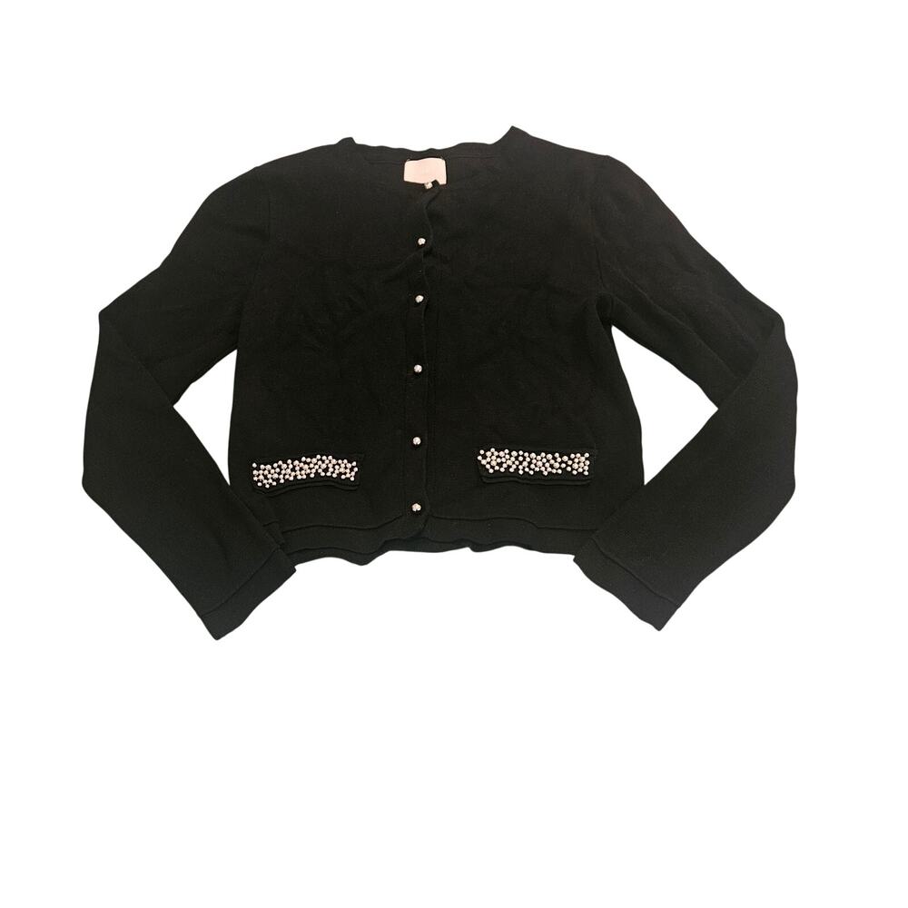 H&M Black Cropped Cardigan XS Rhinestone Pocket Button Front Knit Sweater